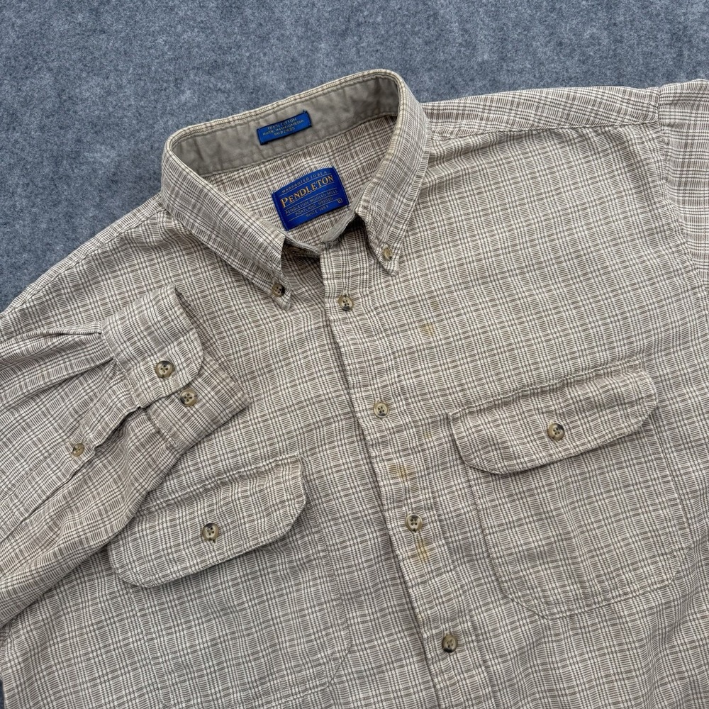 Pendleton Mens L Beige Plaid Cotton Button Down Shirt Dual Pocket Indonesia